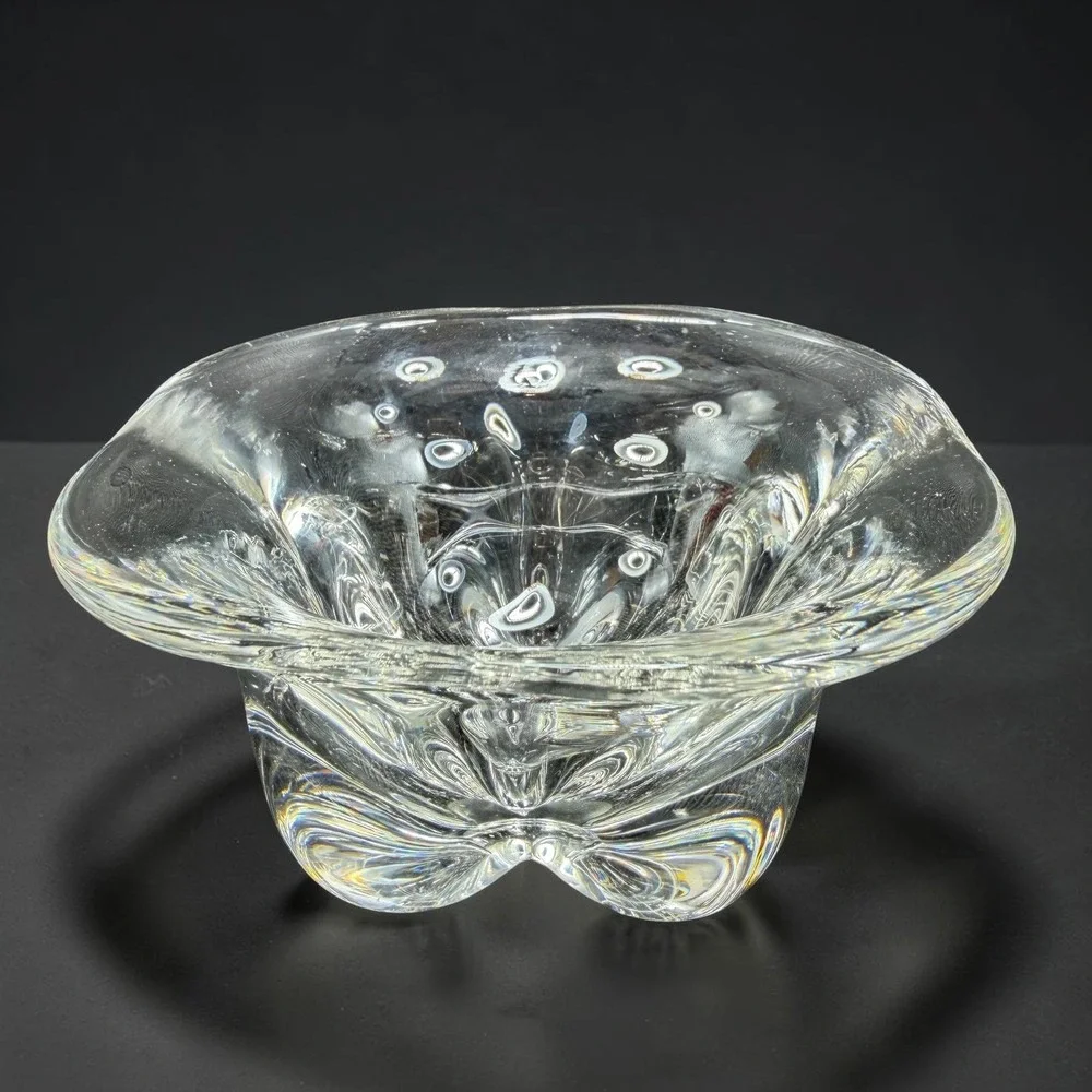 Orrefors Edward Hald Pinched Clear Crystal Bowl Swedish Art Glass MCM 5in